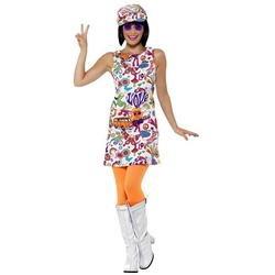 Smiffys Kostüm Swinging Sixties Minikleid, Hippiekleid für den Summer of Love bunt M
