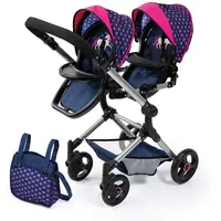 Bayer Design 26254AA Zwillingspuppenwagen, Puppenwagen, höhenverstellbar, zusammenklappbar, integrierter Einkaufskorb, kompatibel mit EasyGo, blau mit Einhornmotiv u. Herzenmuster, 46 cm