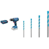 Bosch Professional 18V System Akku-Schlagbohrschrauber GSR 18V-21 (ohne Akkus und Ladegerät, in L-BOXX 136) + 4x Expert CYL-9 MultiConstruction Bohrer Set (für Beton, Ø 4-8 mm, Zubehör)