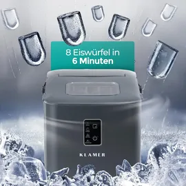 Klamer Eiswürfelmaschine klein (2025), 8 Eiswürfel in 8 Minuten, 11 kg Eiswürfel pro Tag, 2 Eiswürfelgrößen, 1 L Wassertank, Geräuscharmer Eiswürfelb...