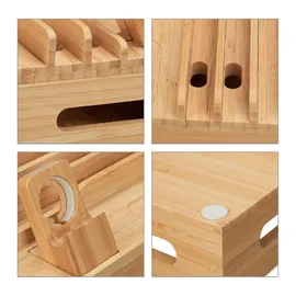 Relaxdays Ladestation, für Apple Watch, Bambus, HxBxT 11 x 17 x 13 cm, Handystation, Tablethalter, Uhrenständer, natur