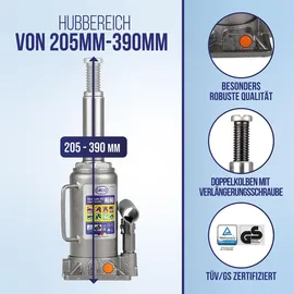Alca alca® Hydraulischer Unterstellheber 10t I Doppelkolben, GS & TÜV Zertifiziert, Hubhöhe 205–390 mm, Öl nachfüllbar, Wagenheber - ideal für SUV, Transporter & Wohnmobile