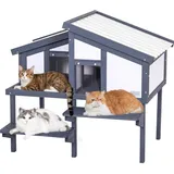 Petsfit Holz Katzenhaus für Draußen, Katzenhaus Outdoor mit 2 Räume, 37cm Hoch Katzenhütte Outdoor Sonnenterasse, Öffnenbares Dach