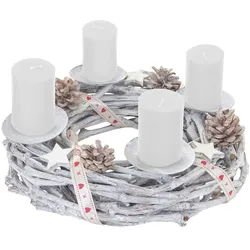 Mendler Adventskranz rund, Weihnachtsdeko Tischkranz, Holz Ø 30cm weiß-grau ~ mit Kerzen, weiß