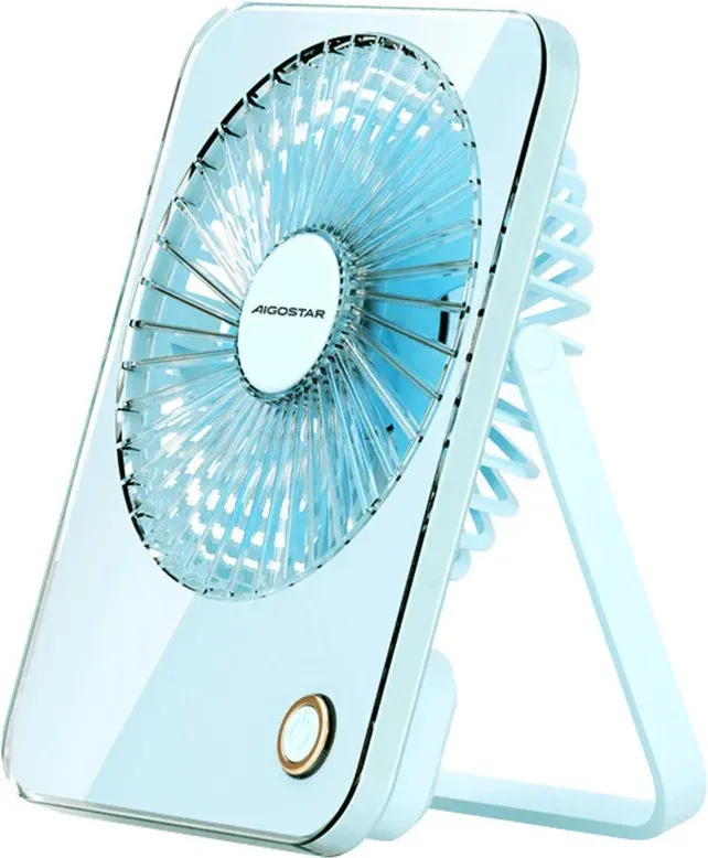 Aigostar Tragbarer USB-Schreibtischventilator, 3-Zoll wiederaufladbarer Tischventilator mit 3600 mAh Akku, 3 Geschwindigkeitsstufen, 180° faltbares Design, Leiser persönlicher Kühlventilator für Zuhause, Büro, Reisen und Camping, Blau