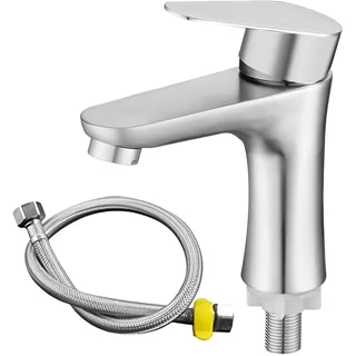 Kaltwasserhahn Edelstahl Kaltwasserarmatur mit 80cm Anschlussschlauch, Wasserhahn Kaltwasser Bad Waschtischarmatur Gäste WC Einhebelarmatur für Badezimmer Gäste WC