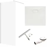 bad land SET Duschwanne VIDAR 90x90 Quadratisch Weiß + Walk-In Dusche KETIL Chrom 90x195 Transparentes Glas + Glaswischer