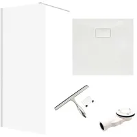 bad land SET Duschwanne VIDAR 90x90 Quadratisch Weiß + Walk-In Dusche KETIL Chrom 90x195 Transparentes Glas + Glaswischer
