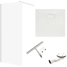bad land SET Duschwanne VIDAR 90x90 Quadratisch Weiß + Walk-In Dusche KETIL Chrom 90x195 Transparentes Glas + Glaswischer