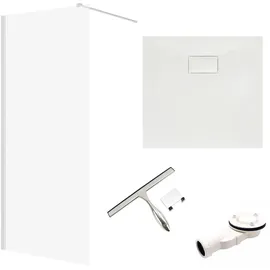bad land SET Duschwanne VIDAR 90x90 Quadratisch Weiß + Walk-In Dusche KETIL Chrom 90x195 Transparentes Glas + Glaswischer