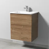 Glas-Waschtisch-Set mit Waschtischunterschrank „3way“ 50 × 40,7 × 58,2 cm in Eiche Kansas, mit Hahnlochbohrung