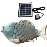 Solar Wasserspeier Fisch aus Keramik - Blau-Weiss glasierte Teichfigur - Maritimes Wasserspiel für Garten Balkon Miniteich - Solarfontäne mit 3m Kabel - Wetterfeste Aussendeko
