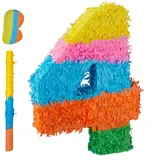 Relaxdays Pinata Zahl 4, Regenbogenpinata Geburtstag, HBT: 50,5 x 35,5 x 7,5 cm, Partypinata Kinder, zum Befüllen, bunt