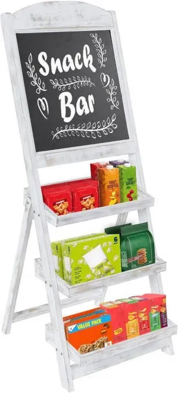 MyGift Shabby Weißgewaschenes Holz Freistehende Kreidetafel Staffelei mit 3-stufigen Regalen, Dekoratives Kreidetafel-Pflanzenregal