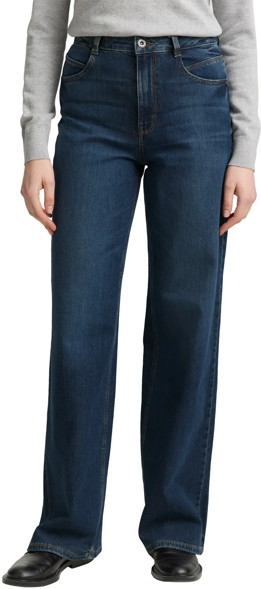 Weite Jeans TOM TAILOR, Damen, Gr. 28, Länge 32, blau (used mid stone blau denim), Denim/Jeans, Obermaterial: 93% Baumwolle, 6% Elastomultiester, 1% Elasthan. Futter: 65% Baumwolle, 35% Polyester, unifarben, weit knöchellang, Jeans, im Four-Pocket Style