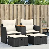 vidaXL Gartensofa 2-Sitzer mit Hockern Schwarz Poly Rattan