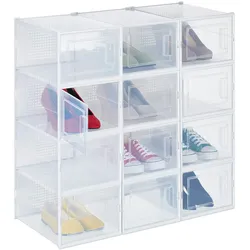 Relaxdays Schuhboxen 12er Pack, mit Tür, Schuhorganizer, stapelbar, Schuhe bis Größe 47, Lüftungsschlitze, transparent
