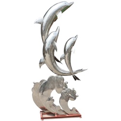 Casa Padrino Luxus XXL Garten Deko Skulptur Delfine Silber H. 300 cm - Riesige XXL Garten Deko Edelstahl Figur - XXL Edelstahl Tierfigur - XXL Edelstahl Garten Skulpturen