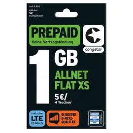 Congstar Prepaid ALLNET XS SIM-Karte ohne Vertrag –1 GB Datenvolumen & SMS Flat in alle dt. Netze, EU-Roaming inkl., ohne Vertrag.