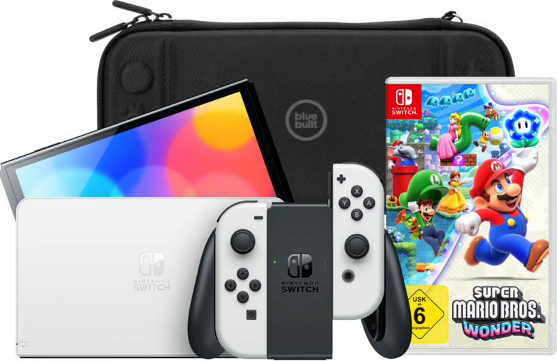 Preisvergleich Produktbild Nintendo Switch OLED Weiß + Super Mario Bros. Wonder + BlueBuilt Schutzhülle