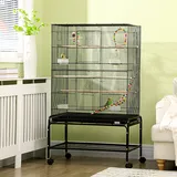Vogelkäfig Mit Rädern, 79 X 49 X 133 Cm, Metallvoliere Mit 4 Futternäpfen, 3 Sitzstangen Und Spielzeug Für Wellensittiche, Schwarz
