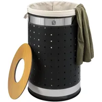ELUNO runde Wäschetonne, Wäschekorb, Wäschesammler mit waschbarem Wäschesack und abnehmbaren Deckel, 50 Liter Fassungsvermögen für Schlafzimmer, Badezimmer, Wäscheaufbewahrung aus Metall (Schwarz)