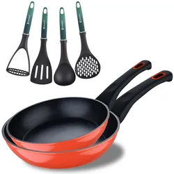 BERGNER - Set mit 2 Bratpfannen Ø20-Ø26 cm Classique aus geschmiedetem Aluminium mit Antihaftbeschichtung und grünen Küchenutensilien