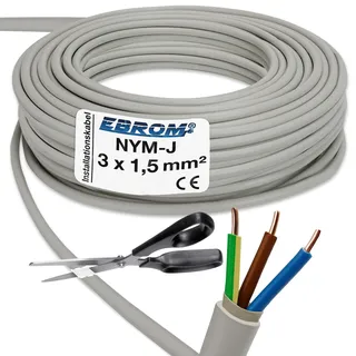 EBROM NYM-J 3x1,5 mm2 - Installationskabel - Mantelleitung - Feuchtraumkabel - Installationsleitung - grau - Große Mengenauswahl in 1 Meter Schritten - 3x1,5 mm2, Ihre Längenauswahl: 25 Meter