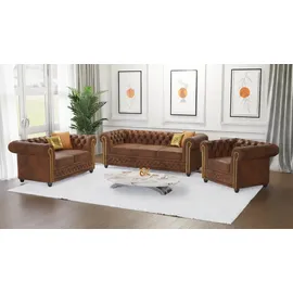 s-style möbel SITZGARNITUR mit Schlaffunktion 3+2+1 Chesterfield Flux Braun Microfaser Vintageoptik