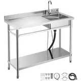 Vevor Spültisch Spülbecken Edelstahl (120 x 50 x 94 cm), Einzelbecken mit Wasserhahn & Ablage, Küchenspüle für Garage Restaurant Wäscherei, Waschtisch Außenspüle mit Arbeitsplatte (links)