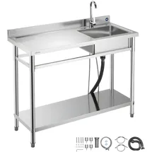 Vevor Spültisch Spülbecken Edelstahl (120 x 50 x 94 cm), Einzelbecken mit Wasserhahn & Ablage, Küchenspüle für Garage Restaurant Wäscherei, Waschtisch Außenspüle mit Arbeitsplatte (links)