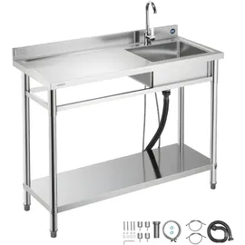 Vevor Spültisch Spülbecken Edelstahl (120 x 50 x 94 cm), Einzelbecken mit Wasserhahn & Ablage, Küchenspüle für Garage Restaurant Wäscherei, Waschtisch Außenspüle mit Arbeitsplatte (links)