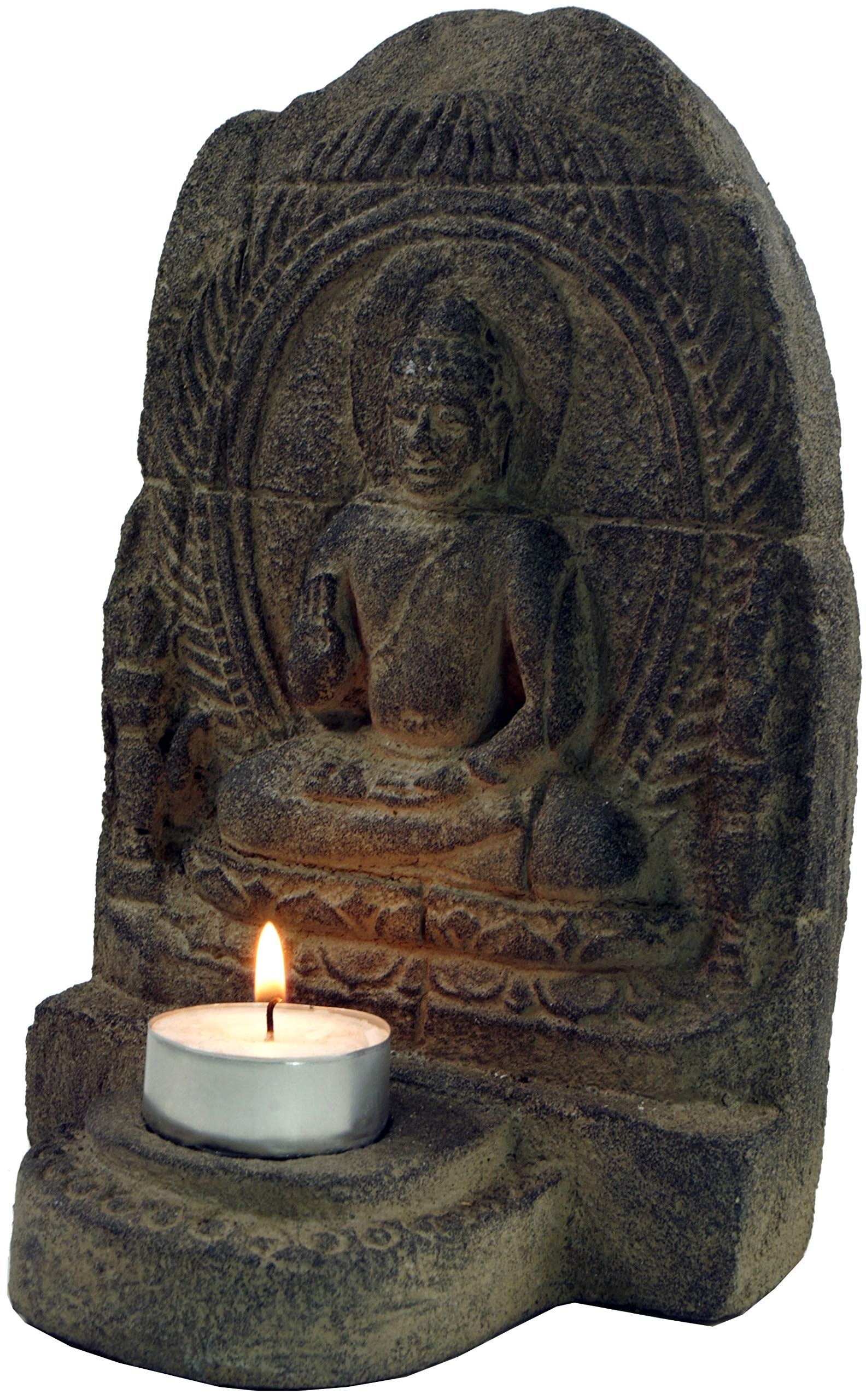 GURU SHOP Minitempel, Buddhafigur, Teelichthalter aus Stein, Braun, 20x14x9 cm, Buddhas