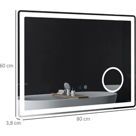 kleankin LED Badezimmerspiegel, mit 3x Vergrößerung 80 x 60 cm beschlagfrei