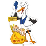 Storch zur Geburt Zwillinge I Wetterfest I Set: Storch + Holzstab I XL 110cm I Klapperstorch für draußen I Babystorch Deko Geschenk