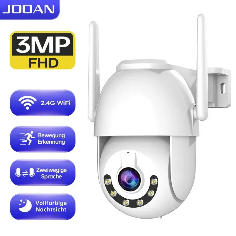 JOOAN 3 MP Outdoor-Sicherheitskamera, 2,4-GHz-WLAN, 355°-PTZ-Kamera für Hausüberwachung, IP66 wasserdicht, Bewegungserkennung & Warnung, akustische Alarme, Farbnachtsicht, 24/7-Aufzeichnung, Cloud- und SD-Kartenspeicher (8–256 GB), automatisches Objektverfolgen