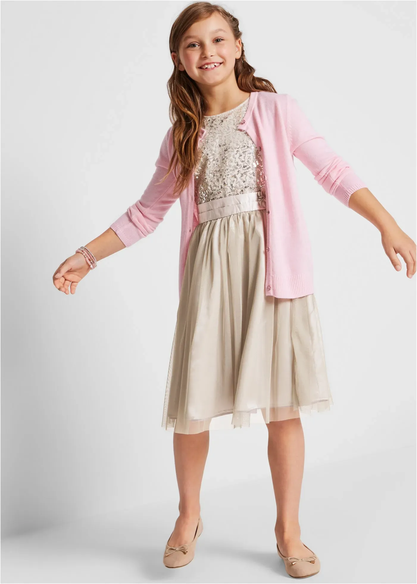 Midikleid BONPRIX, Mädchen, Gr. 158, N-Gr, silber (silberfarben), Obermaterial 2: 100% Polyester. Futter: 100% Polyester. Innenseite: 100% Polyester, festlich, regular fit, Kleider Midikleid, für festliche Anlässe, Regular Fit, mehrlagiger Rockteil mit Falten