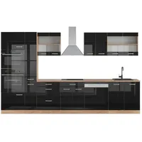 Vicco Küchenzeile R-Line 350 cm Schwarz Hochglanz/Eiche