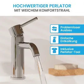 Bächlein Badarmatur Susara mit gebogenem Auslauf, Design Einhebelmischer mit langlebiger Keramikkartusche und Montage-Set, Bad Wasserhahn Chrom