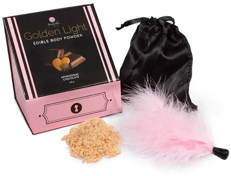 SECRETPLAY - GOLDEN LIGHT KIT APHRODISIAKUM, ESSBARES SCHOKOLADENPULVER & FEDER