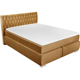 LEONIQUE Boxspringbett LEONIQUE "Rumba", gold (goldfarben), B:150cm L:213cm, Samtoptik (100% Polyester), Komplettbetten, Boxspringbett Seniorenbett Polsterbett, Taschenfederkern-Matratze in Härtegrad 3, in 4 Breiten, incl. Topper