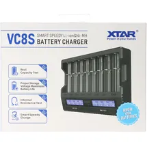 XTAR VC8S 8fach Schnell-Ladegerät für 1-8 Li-Ion 3,6V und 3,7V Akku und NiMH 1,2V Akku, USB-C-Ladeanschluss, max. 8A Gesamtleistung