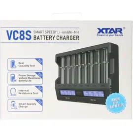 XTAR VC8S 8fach Schnell-Ladegerät für 1-8 Li-Ion 3,6V und 3,7V Akku und NiMH 1,2V Akku, USB-C-Ladeanschluss, max. 8A Gesamtleistung