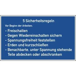 Aushang, 5 Sicherheitsregeln - deutsch - 200x120x1.5 mm Kunststoff