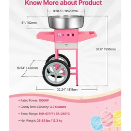 Vevor elektrische Zuckerwattemaschine kommerzielle Zuckerwattegeräte mit Wagen (1000 W) mit 52 cm Edelstahlschüssel & Zuckerschaufel & Schublade, perfekt für Kindergeburtstage Familienfeiern Rosa