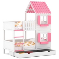 Siblo Etagenbett Etagenbett Haus ANNDY DFP mit Schublade - Etagenbett in Hausform - Etagenbetten - Kinderbetten - Massivholz - HDF - Kinderzimmer (Etagenbett mit Schublade), Ohne Matratze rosa 80 cm x 160 cm x 229 cm