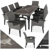 tectake® Rattan Möbel Set, 8X Stühle, 1x Tisch, modern, Korbsessel mit Armlehne, Esstisch Marmor Optik, Esszimmer Lounge Gartenmöbel für Balkon, Terrasse, Wintergarten, Outdoor Küche - grau