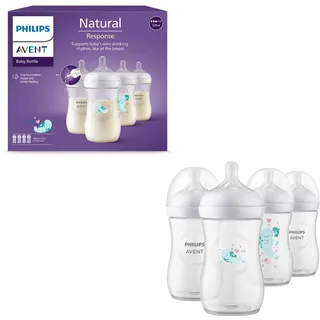 Philips Avent Natural Response Geschenkset für Babys: 4 Natural Response Babyfläschchen (260 ml) mit T3 Saugern (ab 1 Monat), SCY903/61