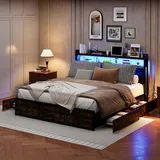 DAHUEN Metallbett Doppelbett 140x200 cm mit LED Beleuchtung, 4 Schubladen,Polsterbett mit Metalllattenrost und Stauraum,für Erwachsene und Jugendliche,Schwarz (140×200cm)