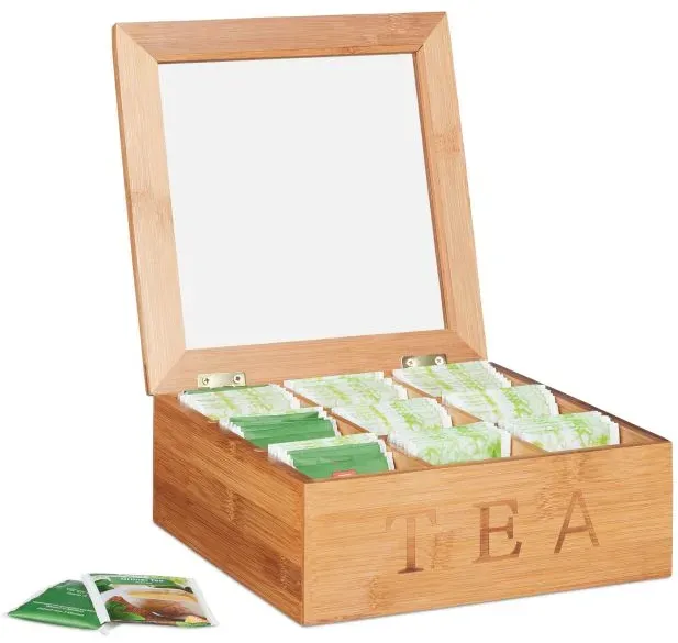 Relaxdays Teebox Bambus 9 Fächer Hellbraun,Transparent